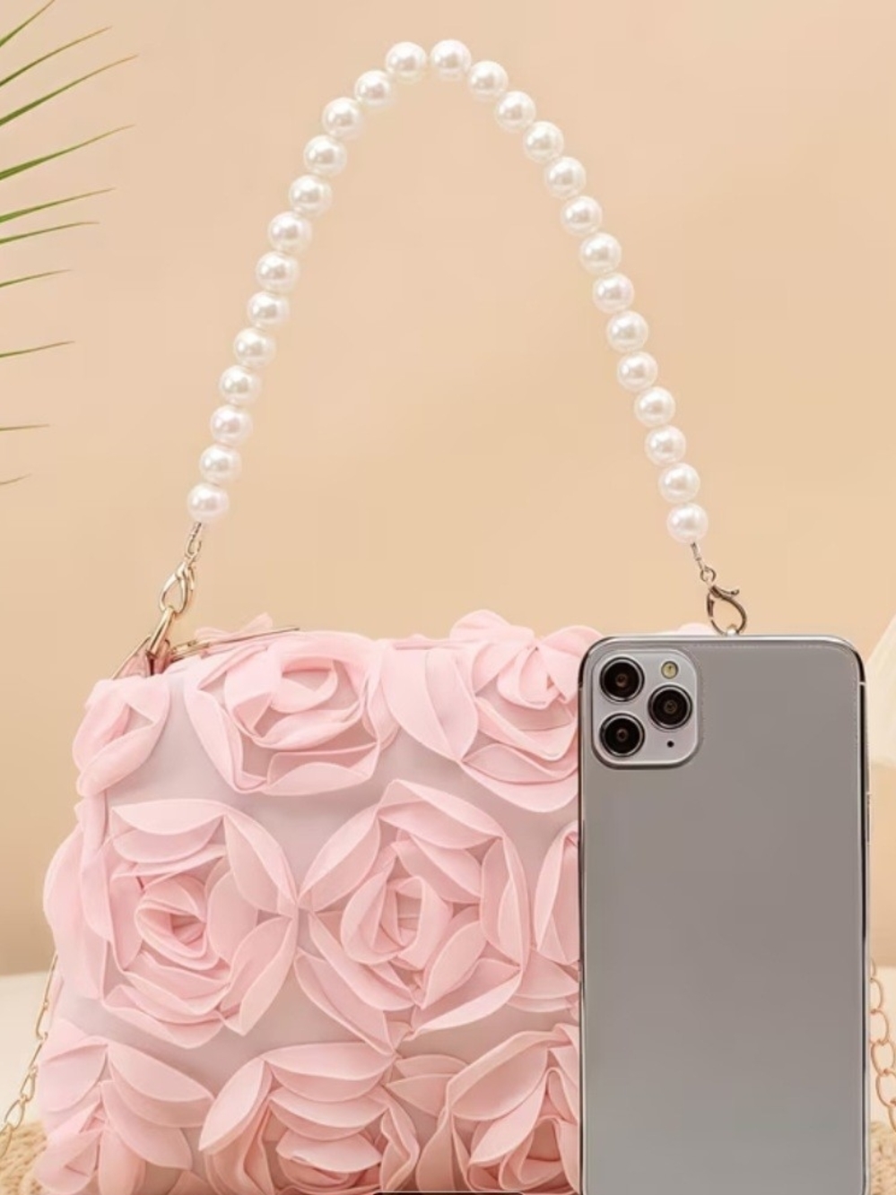 Pink Floral Pearl-Handle Women’s Shoulder Bag, NIP - Picture 4 of 7